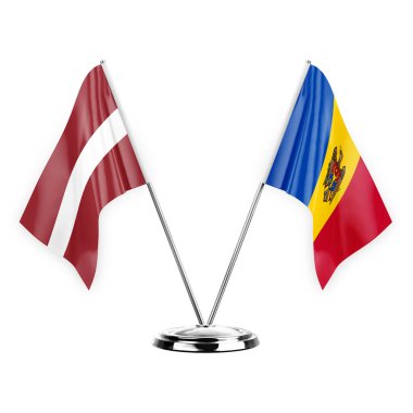 Two table flags isolated on white background 3d illustration, latvia and moldova