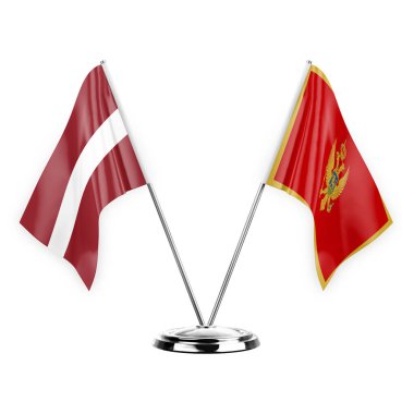 Two table flags isolated on white background 3d illustration, latvia and montenegro