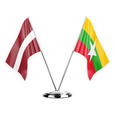 Two table flags isolated on white background 3d illustration, latvia and myanmar