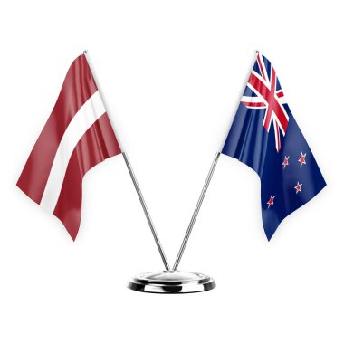 Two table flags isolated on white background 3d illustration, latvia and new zealand