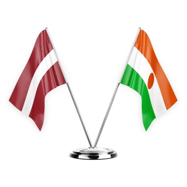 Two table flags isolated on white background 3d illustration, latvia and niger