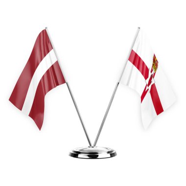 Two table flags isolated on white background 3d illustration, latvia and ireland