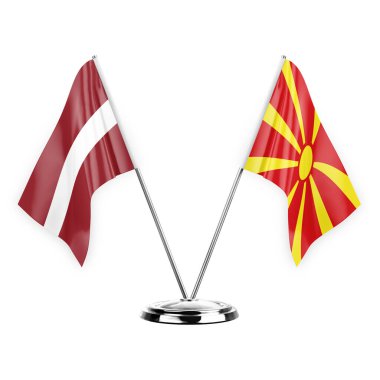 Two table flags isolated on white background 3d illustration, latvia and north macedonia