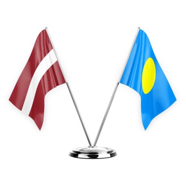 Two table flags isolated on white background 3d illustration, latvia and palau