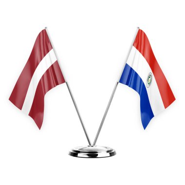 Two table flags isolated on white background 3d illustration, latvia and paraguay