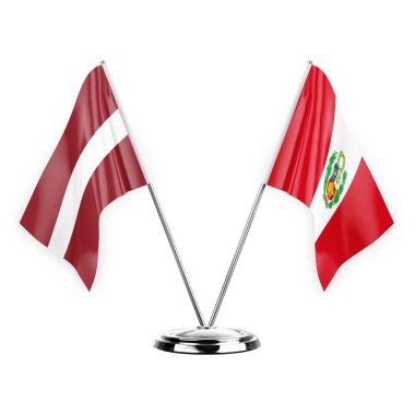 Two table flags isolated on white background 3d illustration, latvia and peru