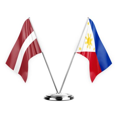 Two table flags isolated on white background 3d illustration, latvia and philippines