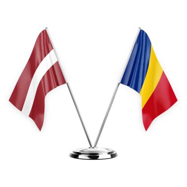 Two table flags isolated on white background 3d illustration, latvia and romania