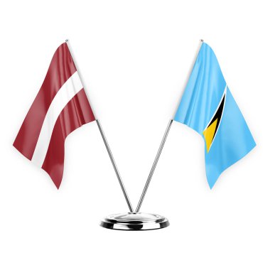 Two table flags isolated on white background 3d illustration, latvia and saint lucia