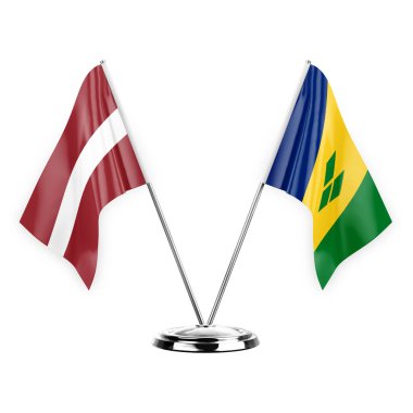 Two table flags isolated on white background 3d illustration, latvia and saint vincent and the grenadines