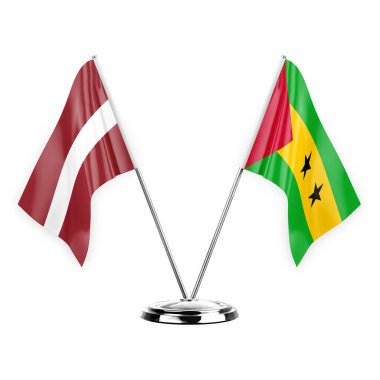 Two table flags isolated on white background 3d illustration, latvia and sao tome and principe