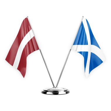 Two table flags isolated on white background 3d illustration, latvia and scotland
