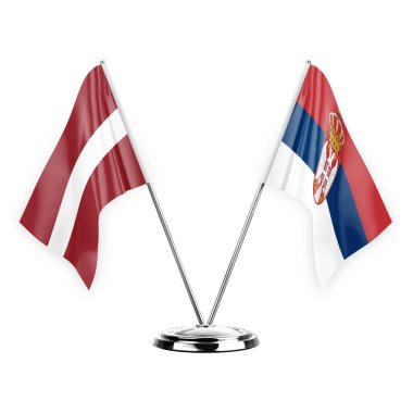 Two table flags isolated on white background 3d illustration, latvia and serbia