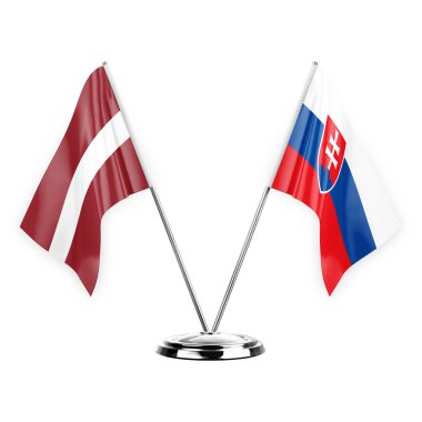Two table flags isolated on white background 3d illustration, latvia and slovakia