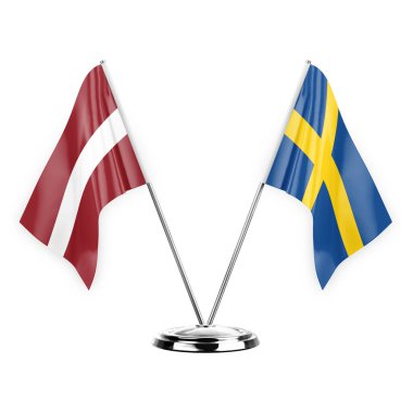 Two table flags isolated on white background 3d illustration, latvia and sweden