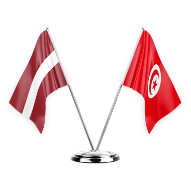 Two table flags isolated on white background 3d illustration, latvia and tunisia