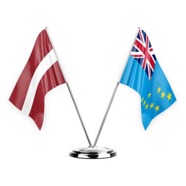 Two table flags isolated on white background 3d illustration, latvia and tuvalu