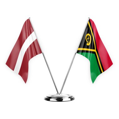 Two table flags isolated on white background 3d illustration, latvia and vanuatu