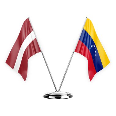 Two table flags isolated on white background 3d illustration, latvia and venezuela