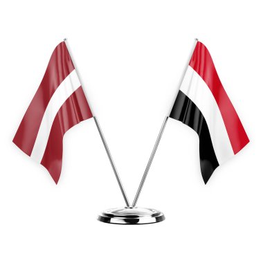Two table flags isolated on white background 3d illustration, latvia and yemen
