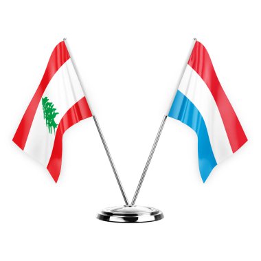 Two table flags isolated on white background 3d illustration, lebanon and luxembourg
