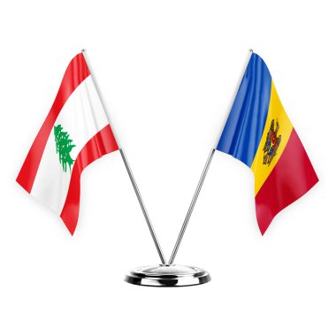 Two table flags isolated on white background 3d illustration, lebanon and moldova