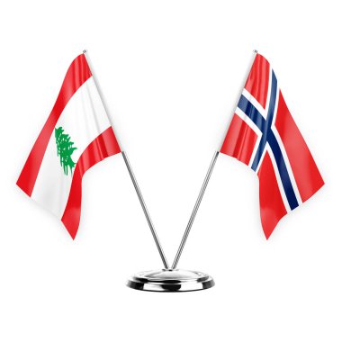 Two table flags isolated on white background 3d illustration, lebanon and norway