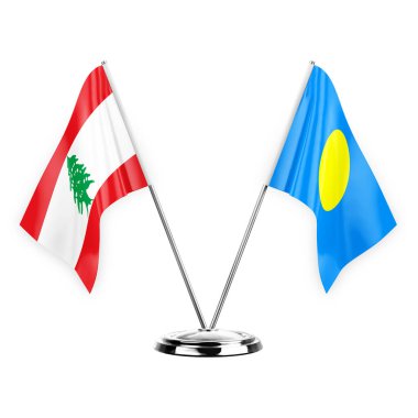 Two table flags isolated on white background 3d illustration, lebanon and palau