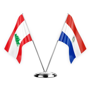 Two table flags isolated on white background 3d illustration, lebanon and paraguay