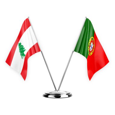 Two table flags isolated on white background 3d illustration, lebanon and portugal