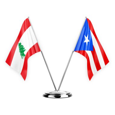 Two table flags isolated on white background 3d illustration, lebanon and puerto rico