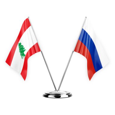 Two table flags isolated on white background 3d illustration, lebanon and russia