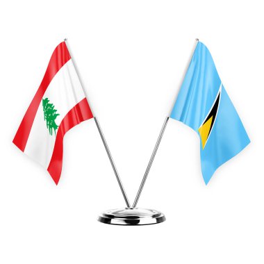 Two table flags isolated on white background 3d illustration, lebanon and saint lucia