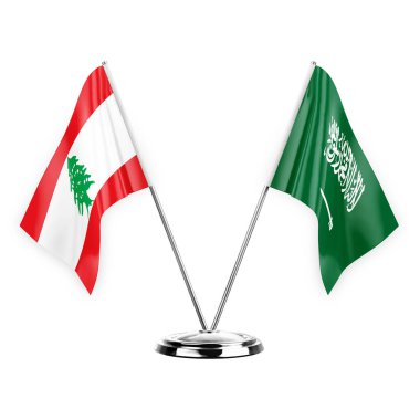 Two table flags isolated on white background 3d illustration, lebanon and saudi arabia