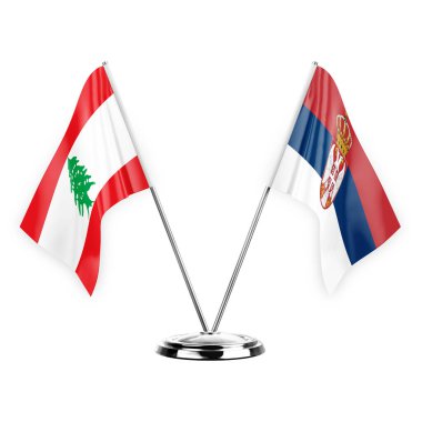 Two table flags isolated on white background 3d illustration, lebanon and serbia