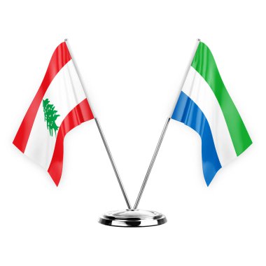 Two table flags isolated on white background 3d illustration, lebanon and sierra leone
