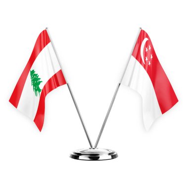 Two table flags isolated on white background 3d illustration, lebanon and singapore