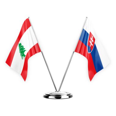 Two table flags isolated on white background 3d illustration, lebanon and slovakia