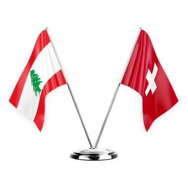 Two table flags isolated on white background 3d illustration, lebanon and switzerland