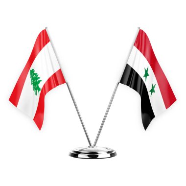 Two table flags isolated on white background 3d illustration, lebanon and syria