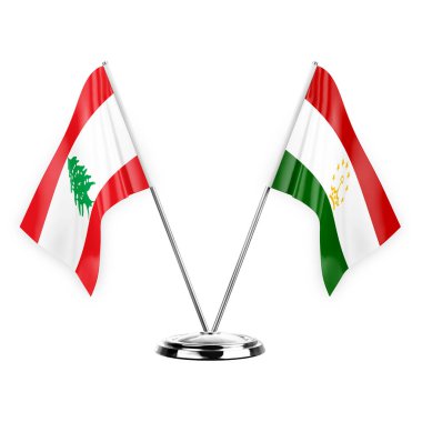 Two table flags isolated on white background 3d illustration, lebanon and tajikistan