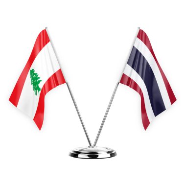 Two table flags isolated on white background 3d illustration, lebanon and thailand