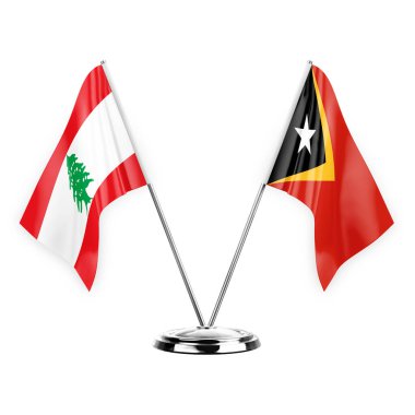 Beyaz arkaplanda izole edilmiş iki masa bayrakları. 3d illüstrasyon, Lübnan ve Timor leste