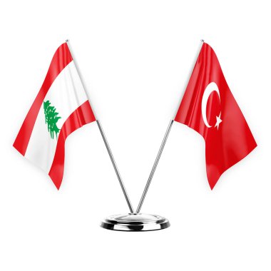 Two table flags isolated on white background 3d illustration, lebanon and turkey