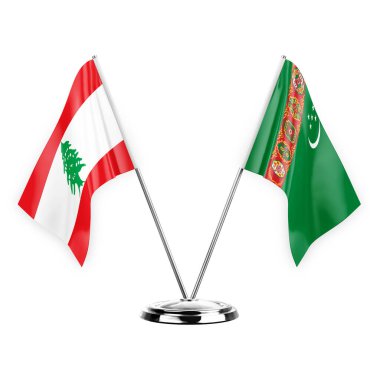 Two table flags isolated on white background 3d illustration, lebanon and turkmenistan