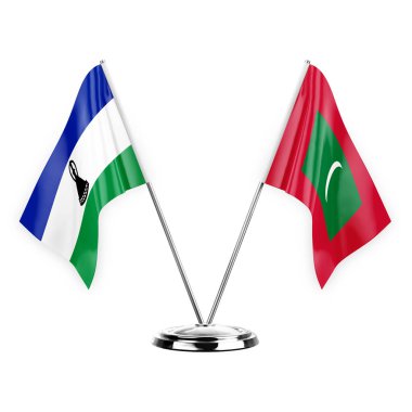 Two table flags isolated on white background 3d illustration, lesotho and maldives