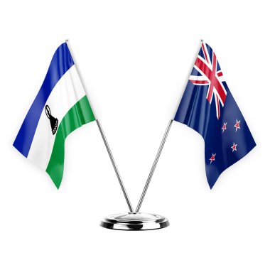 Two table flags isolated on white background 3d illustration, lesotho and new zealand