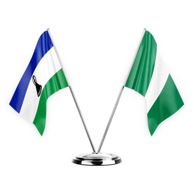 Two table flags isolated on white background 3d illustration, lesotho and nigeria