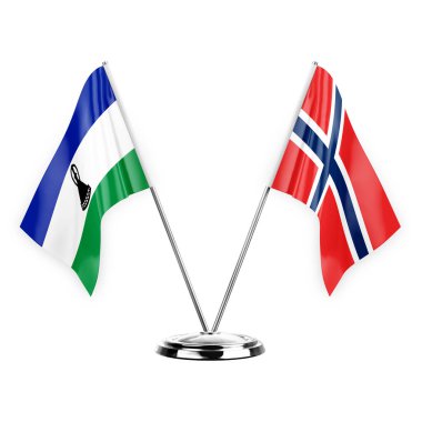 Two table flags isolated on white background 3d illustration, lesotho and norway