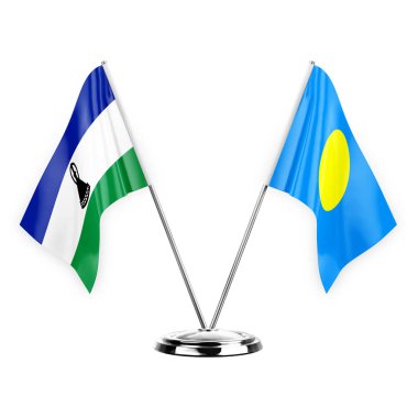 Two table flags isolated on white background 3d illustration, lesotho and palau